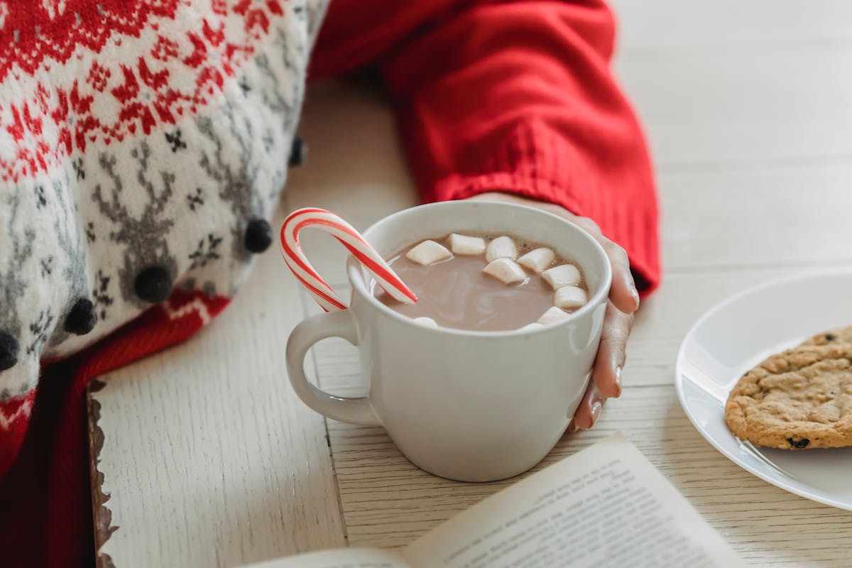 Tazza con cioccolata calda e candy cane natalizio